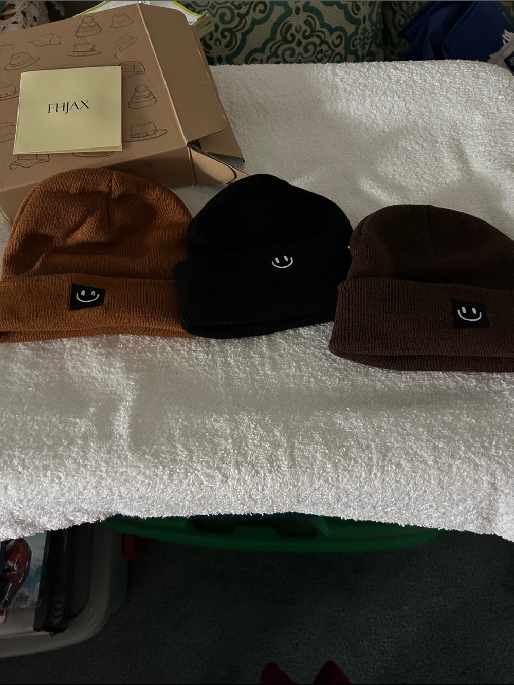 Kids Smiley Cuff Beanie Trio — Tan, Black & Brown